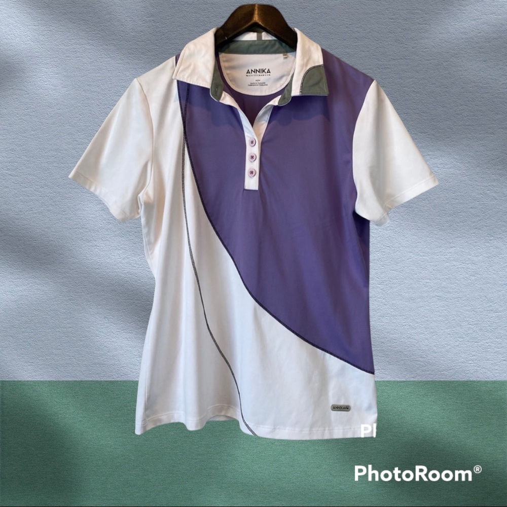 ANNIKA GOLF POLO women Medium COLLAR BUTTON UP purple white activewear sport